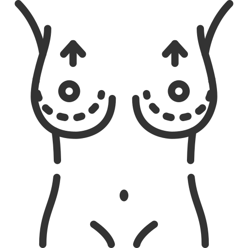 Outline of a female torso showing upward arrows on breasts with dashed lines under nipples, indicating breast lift surgery.