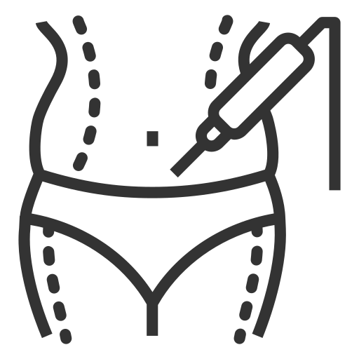 Icon of a torso with dotted lines indicating contouring and a syringe pointing to the abdomen, symbolizing liposuction.