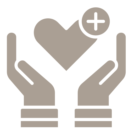Two hands cupping a heart symbol with a plus sign in the upper right corner, representing care or health support.