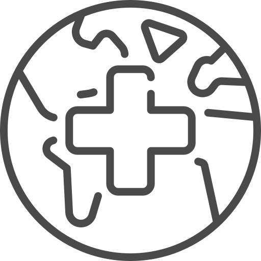 Outline of a globe with a medical cross symbol in the center representing global healthcare.
