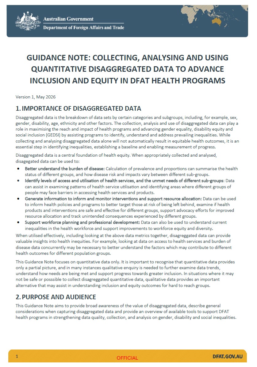 The cover of the guidance note. The document is text heavy, so the image mainly contains text, with DFAT branding.
