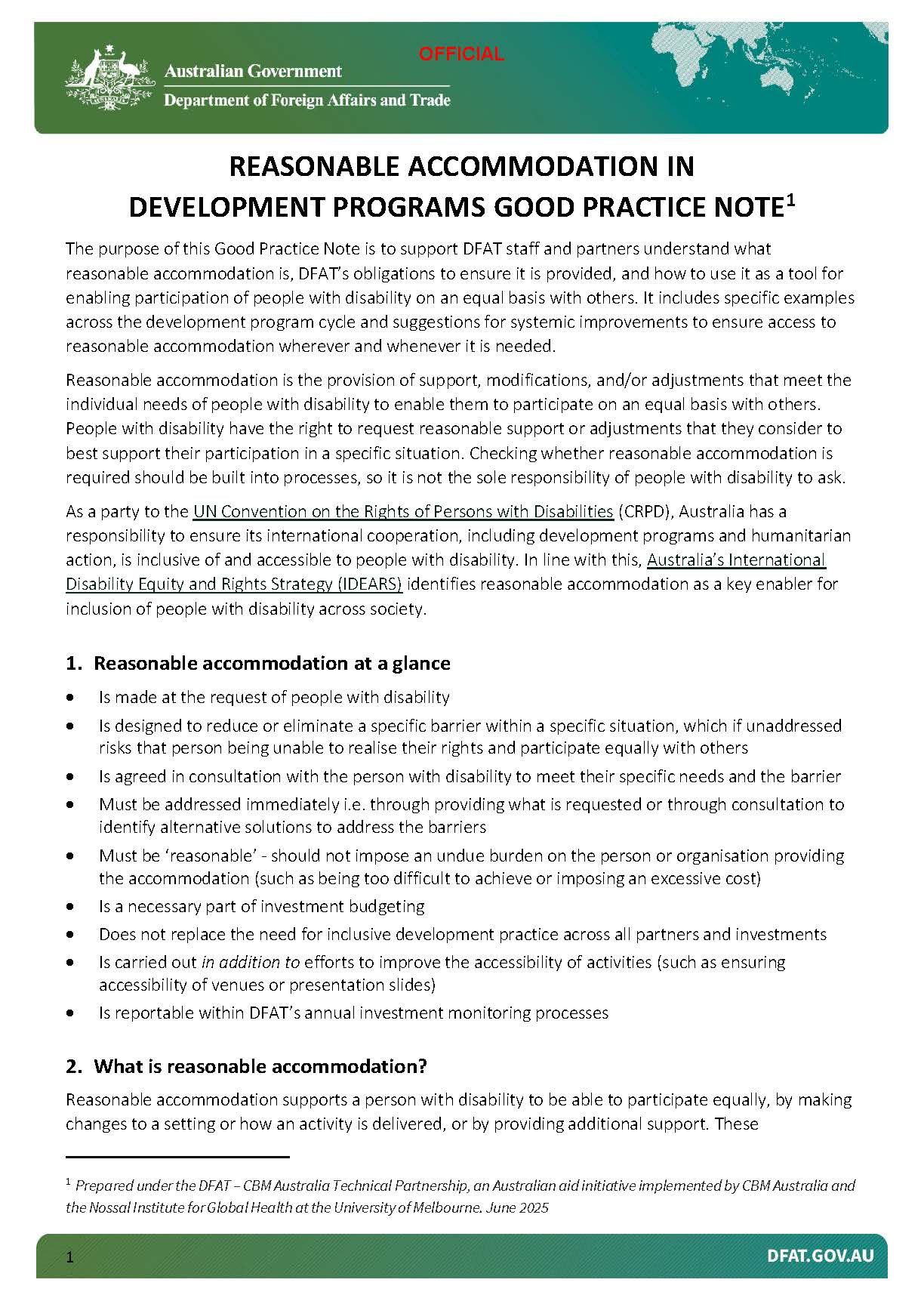Cover image of Good Practice Note: Reasonable accommodation in development programs. The image is text heavy and the document has DFAT branding.