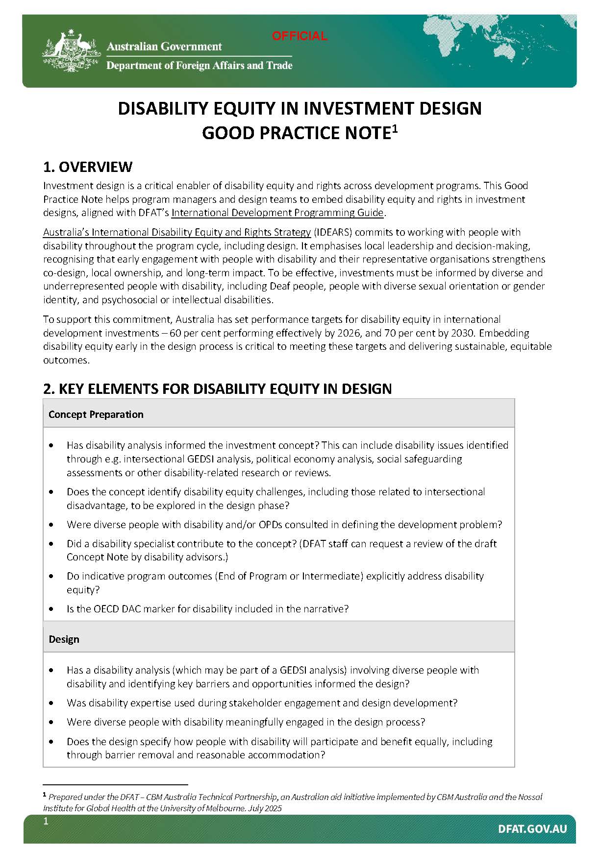 Image of the first page of Good Practice Note: Disability equity in investment design. The image is mostly text as the Guidance Note is a text heavy design.