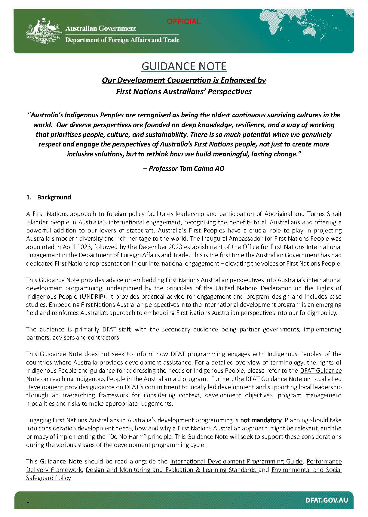 A screenshot of the first page of DFAT Guidance Note: Our development cooperation is enhanced by First Nations Australians' perspectives.