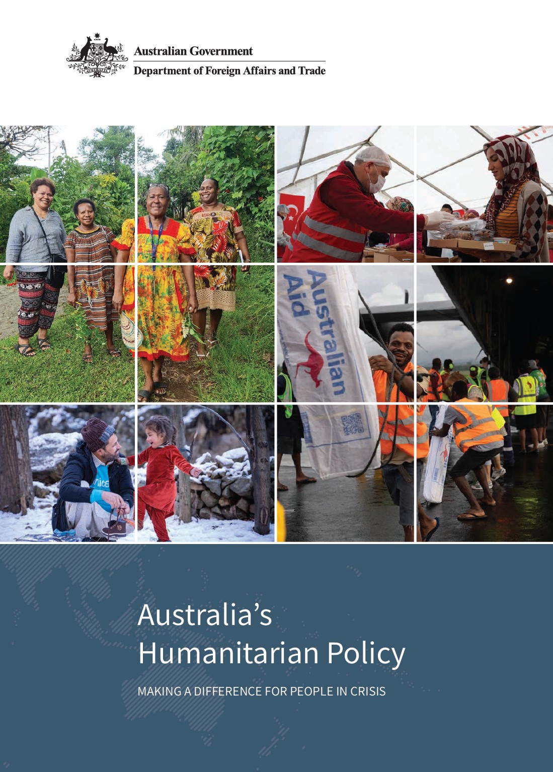 Screenshot of the cover of the policy, with photos of humanitarian action.