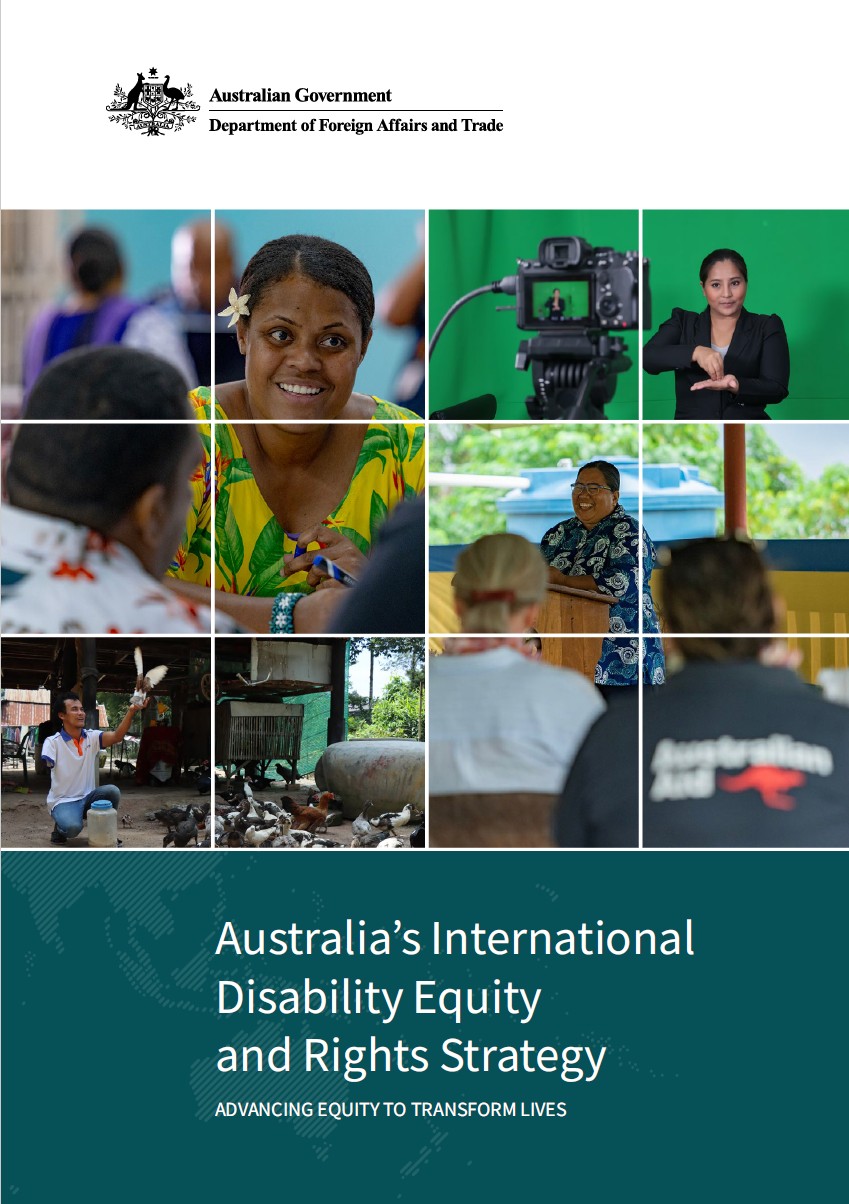 A screenshot of the cover of the report, showing people in Asia and the Pacific using sign language, attending meetings, and smiling.