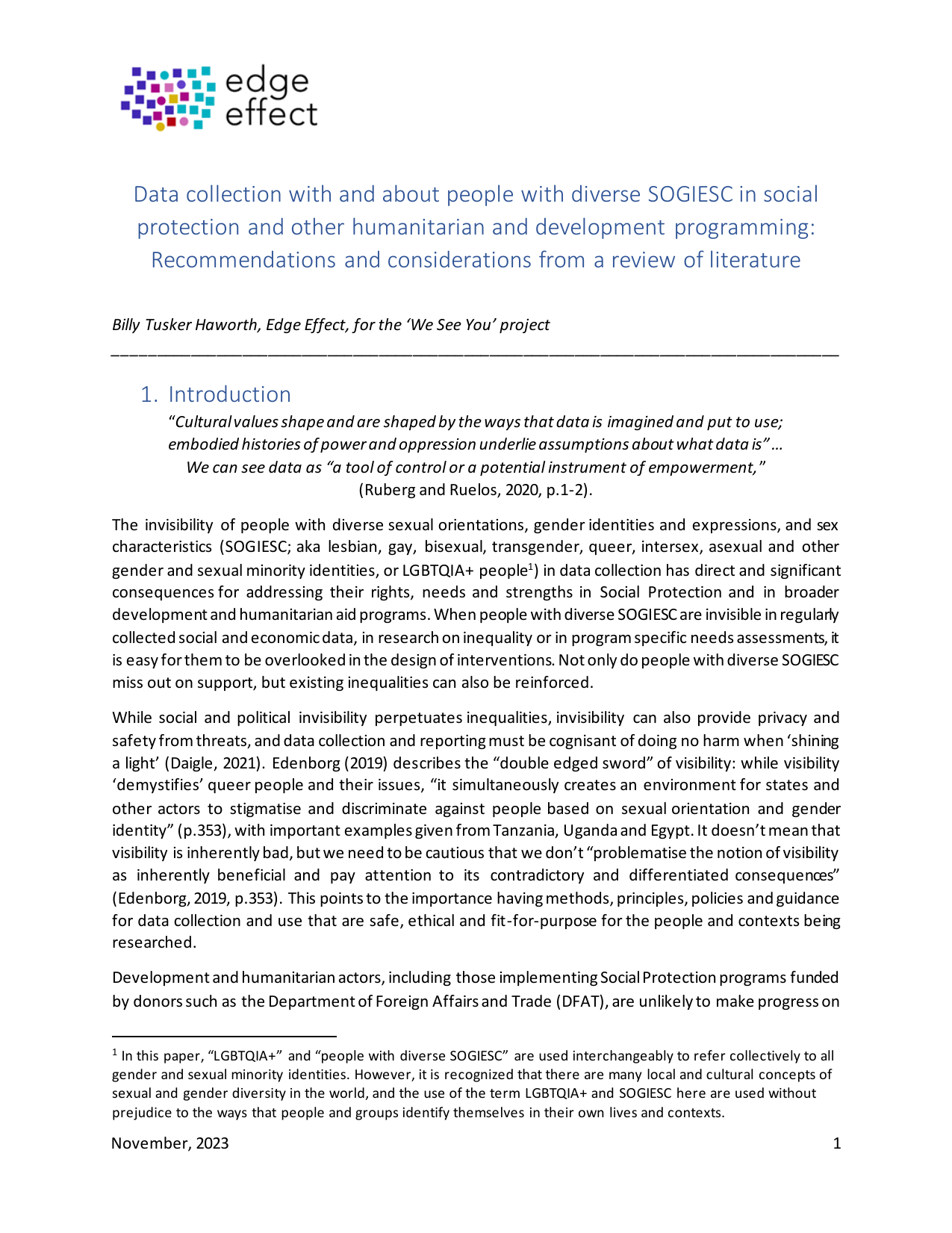 Cover page of the Edge Effect literature review on data collection with and about people with diverse SOGIESC