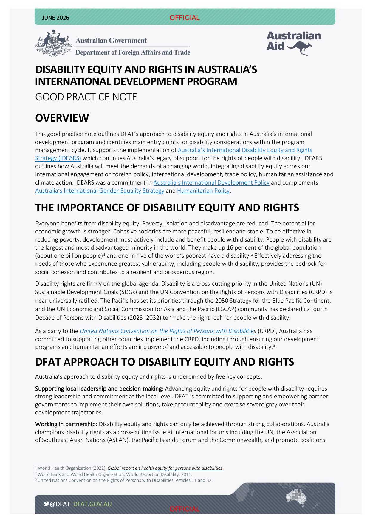 Cover page of DFAT's good practice note on disability equity and rights in Australia's international development program