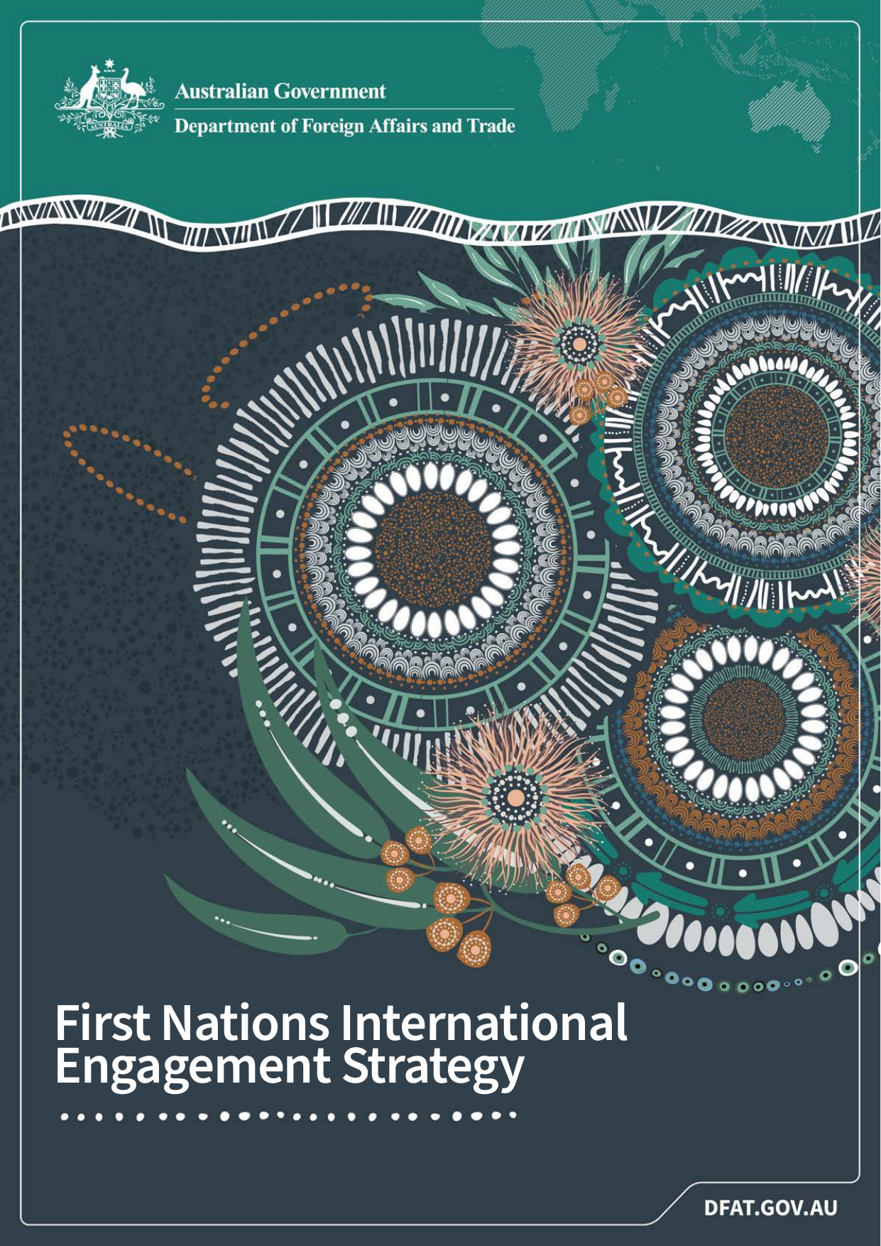 Cover of DFAT's First Nations International Engagement Strategy, featuring First Nations artwork by Jay Hobbs