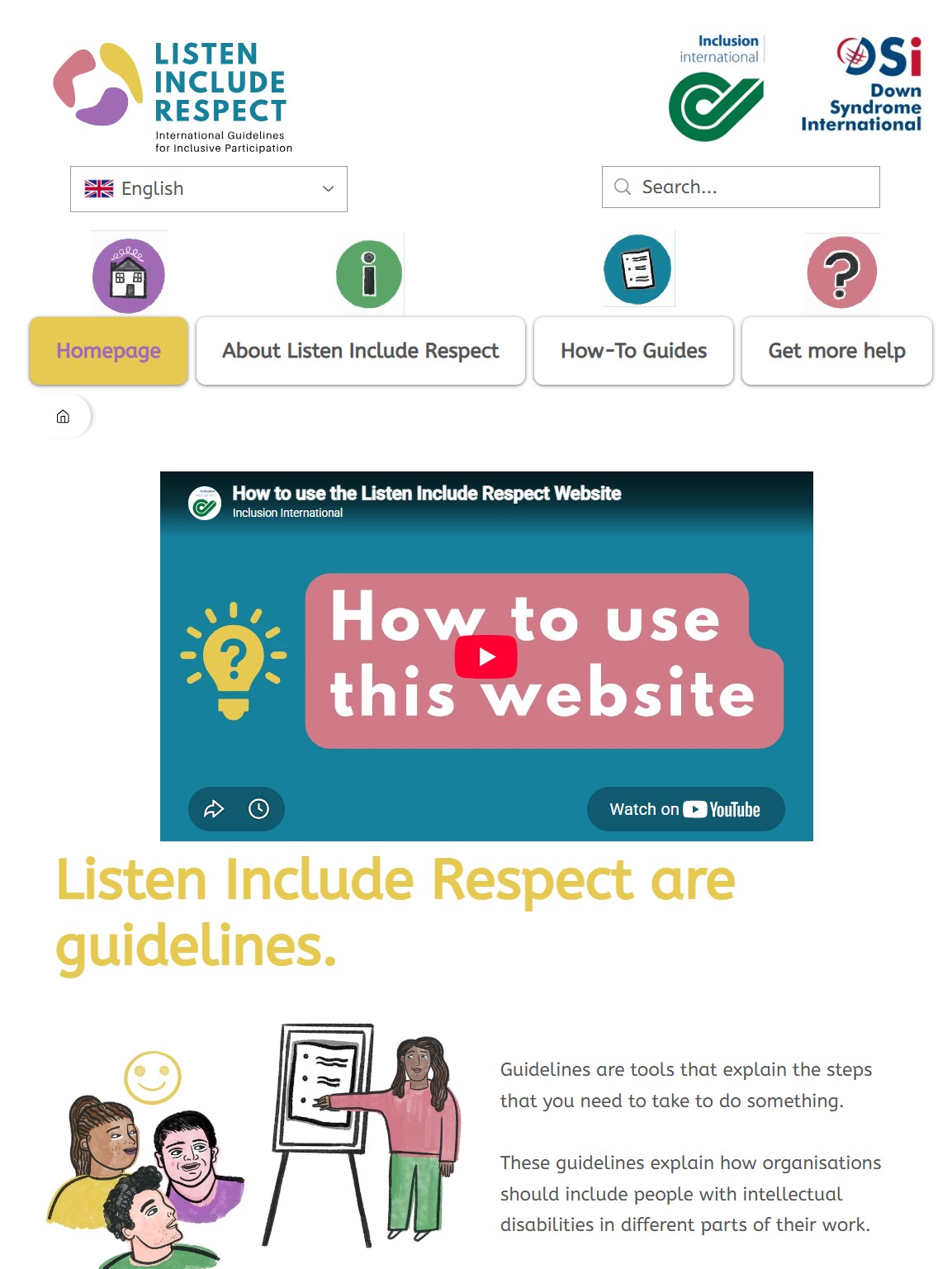 A screenshot of the website Listen Include Respect: International Guidelines for Inclusive Participation, published by Inclusion International and Down Syndrome International