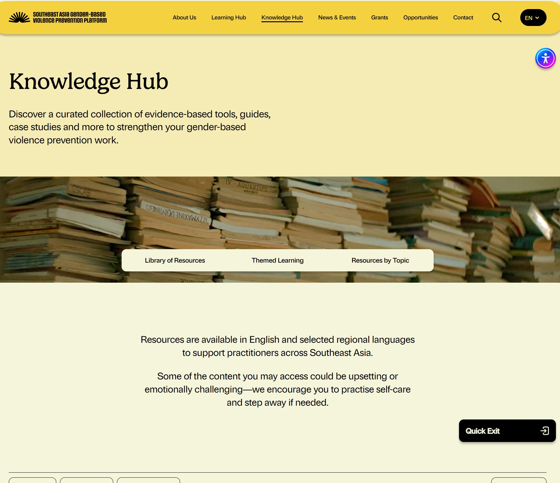 Screenshot of the Southeast Asia Gender-based Violence Prevention Platform's Knowledge Hub landing page
