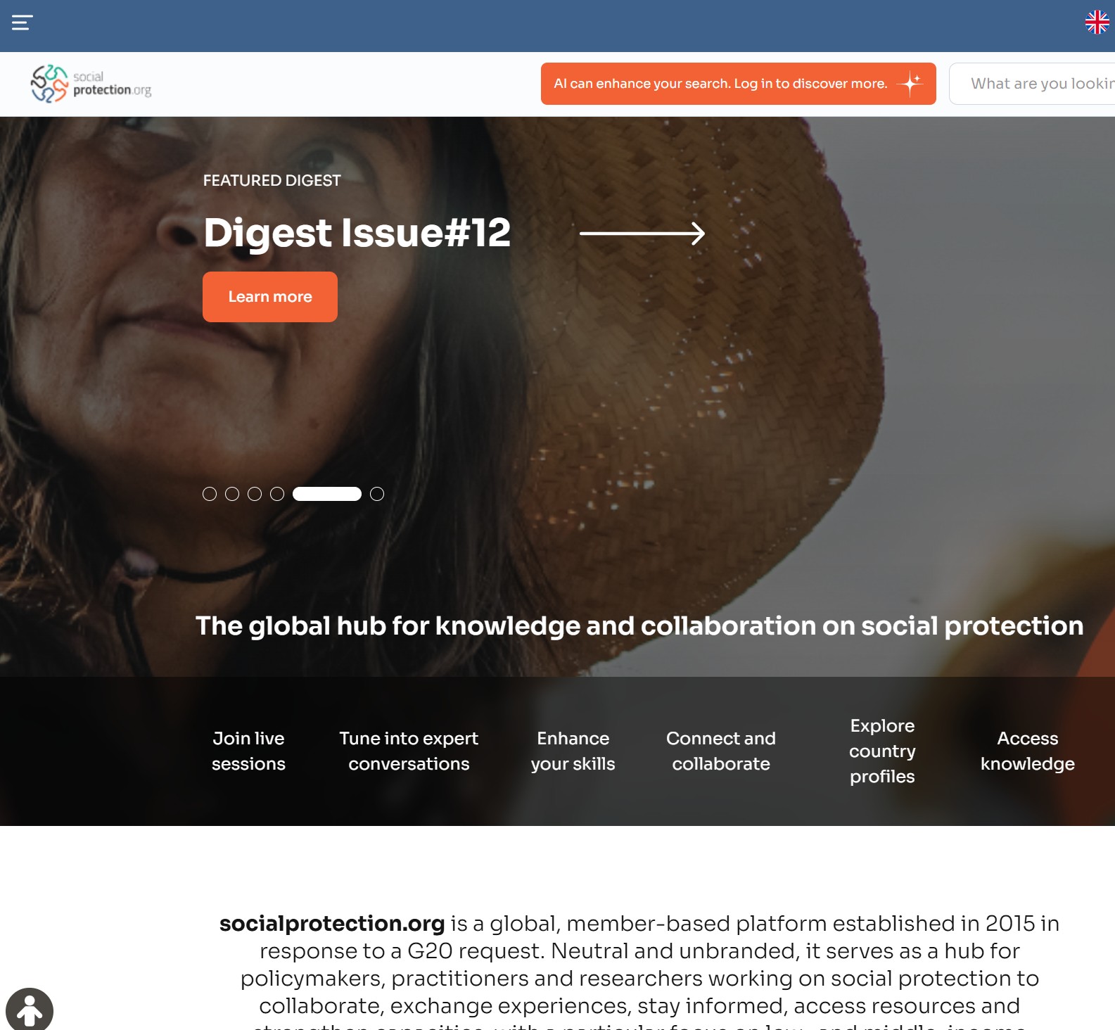 Screenshot of homepage of socialprotection.org, the global knowledge platform for social protection