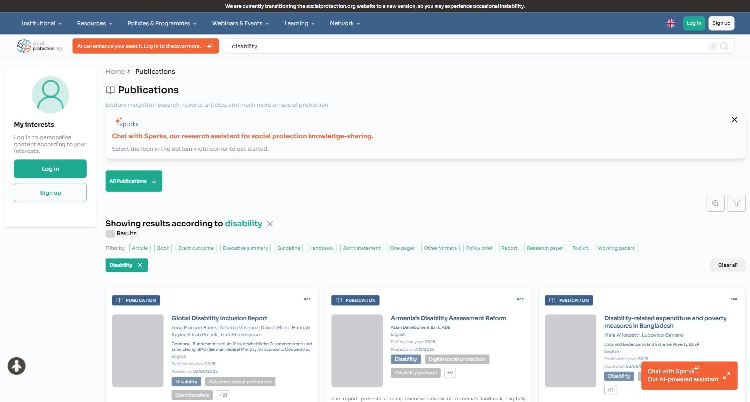 Screenshot of the socialprotection.org publications library filtered for disability and social protection.