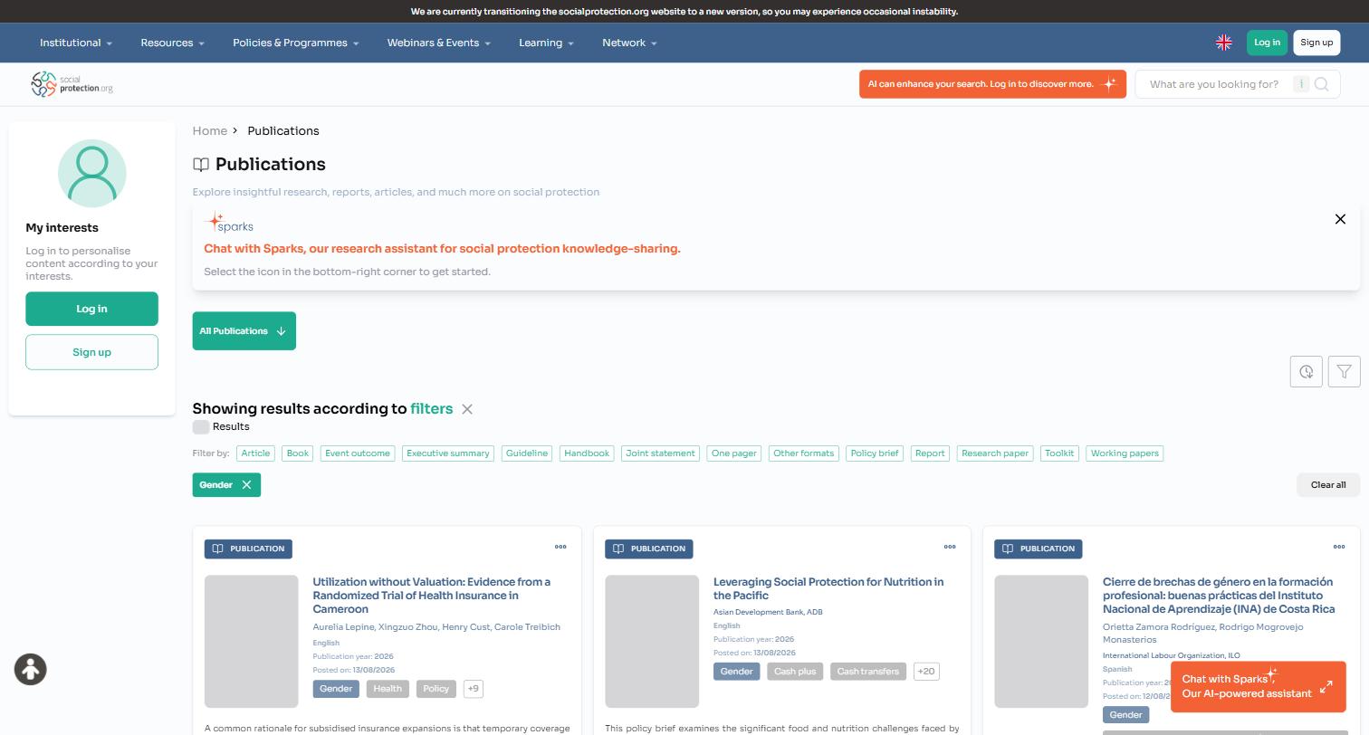 Screenshot of the socialprotection.org publications library filtered for gender and social protection.