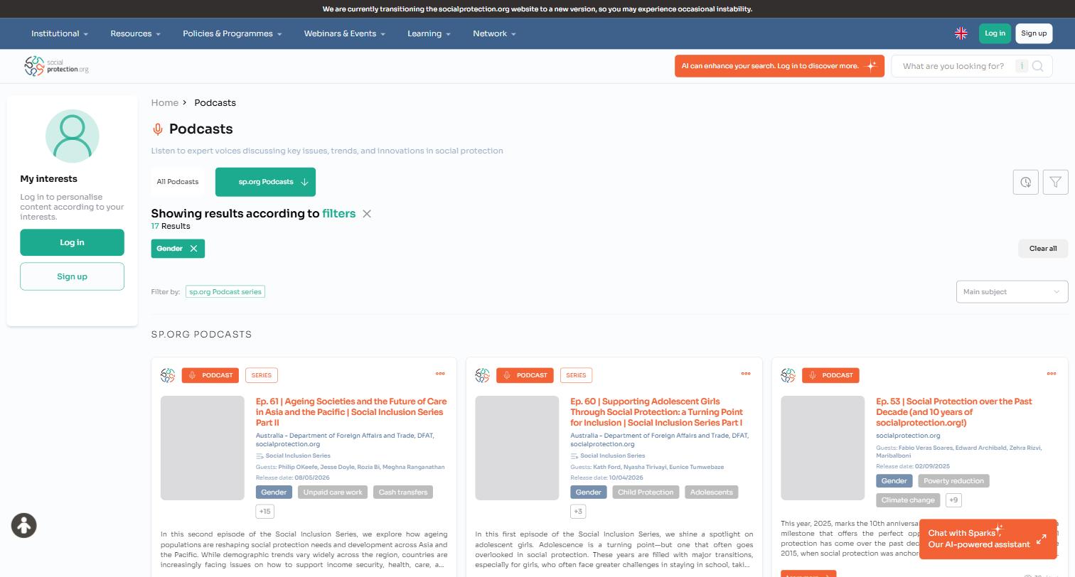 Screenshot of the socialprotection.org podcast collection filtered for gender and social protection.