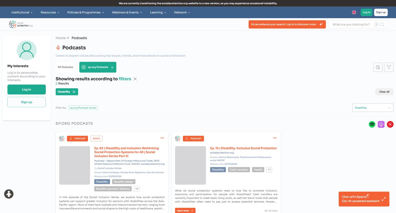 Screenshot of the socialprotection.org SP Original podcast collection filtered for disability-inclusive social protection.