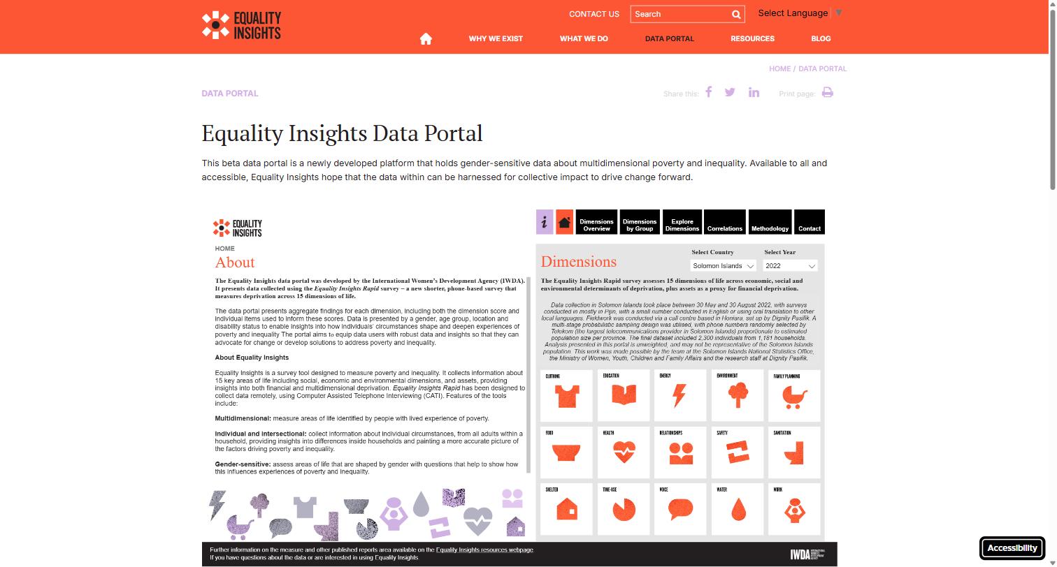 Screenshot of the Equality Insights data portal showing the dimensions overview and the 15 dimensions of life.