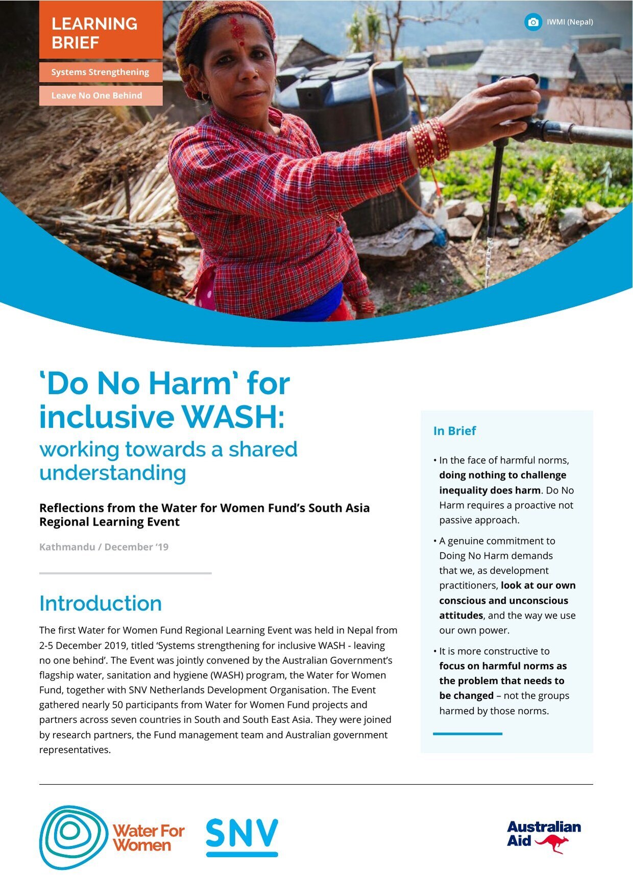 Cover of the Water for Women and SNV learning brief "'Do No Harm' for inclusive WASH: working towards a shared understanding".