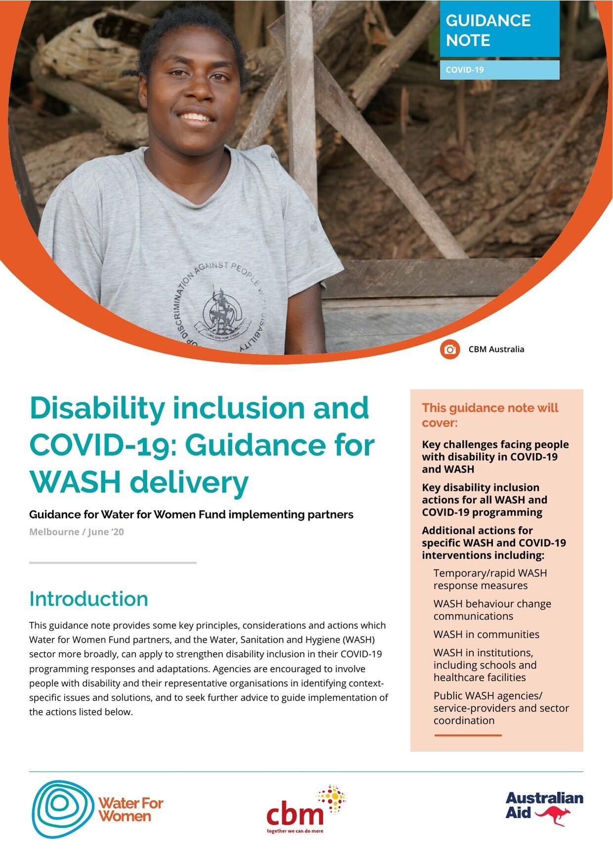 Cover of the Water for Women and CBM Australia guidance note 'Disability inclusion and COVID-19: guidance for WASH delivery'.