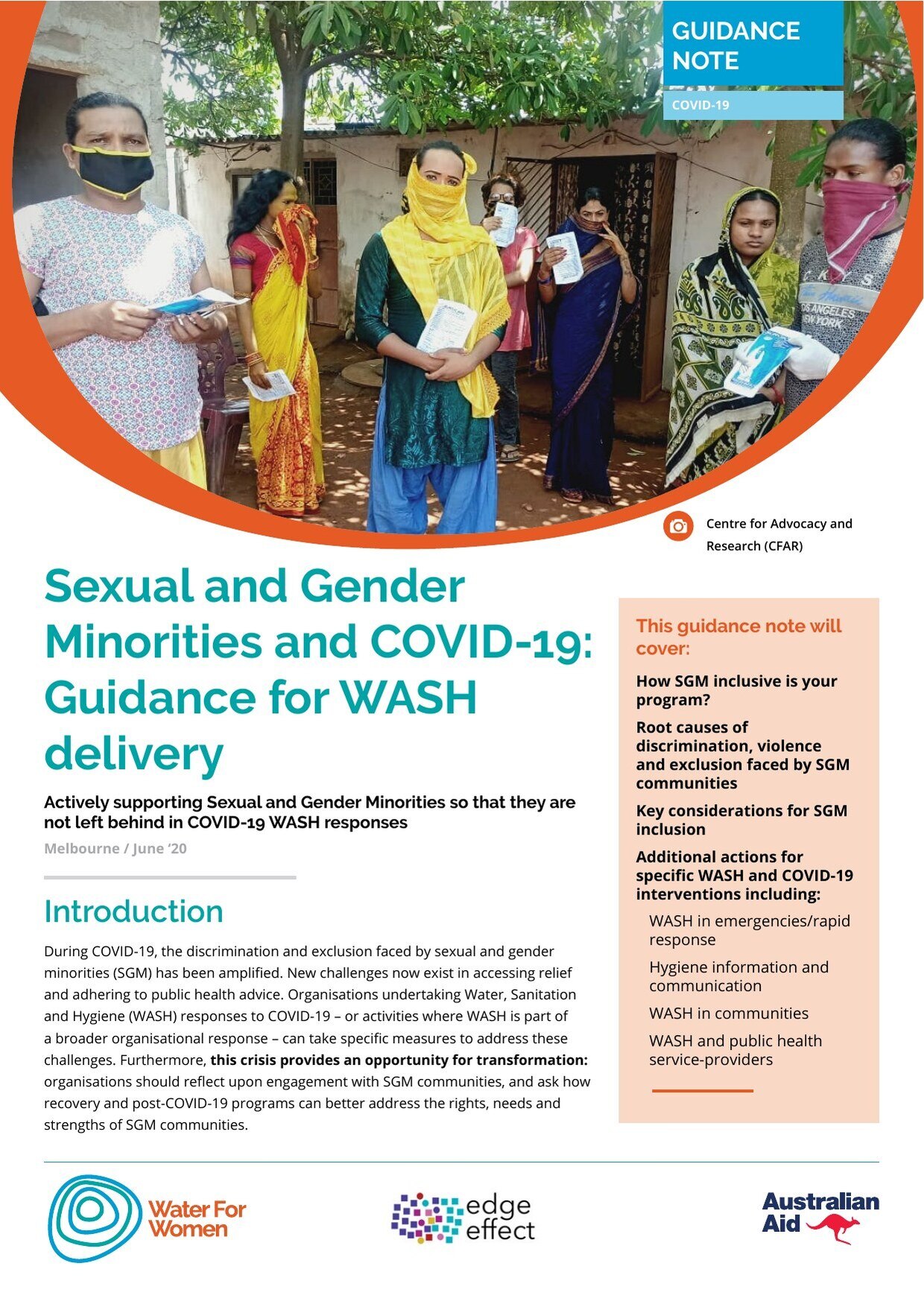 Cover of the Water for Women and Edge Effect guidance note 'Sexual and Gender Minorities and COVID-19: guidance for WASH delivery'.