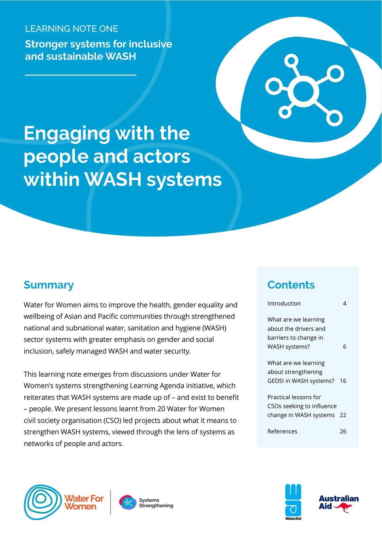 Cover of Water for Women Learning Note One, 'Stronger systems for inclusive and sustainable WASH: engaging with the people and actors within WASH systems'.