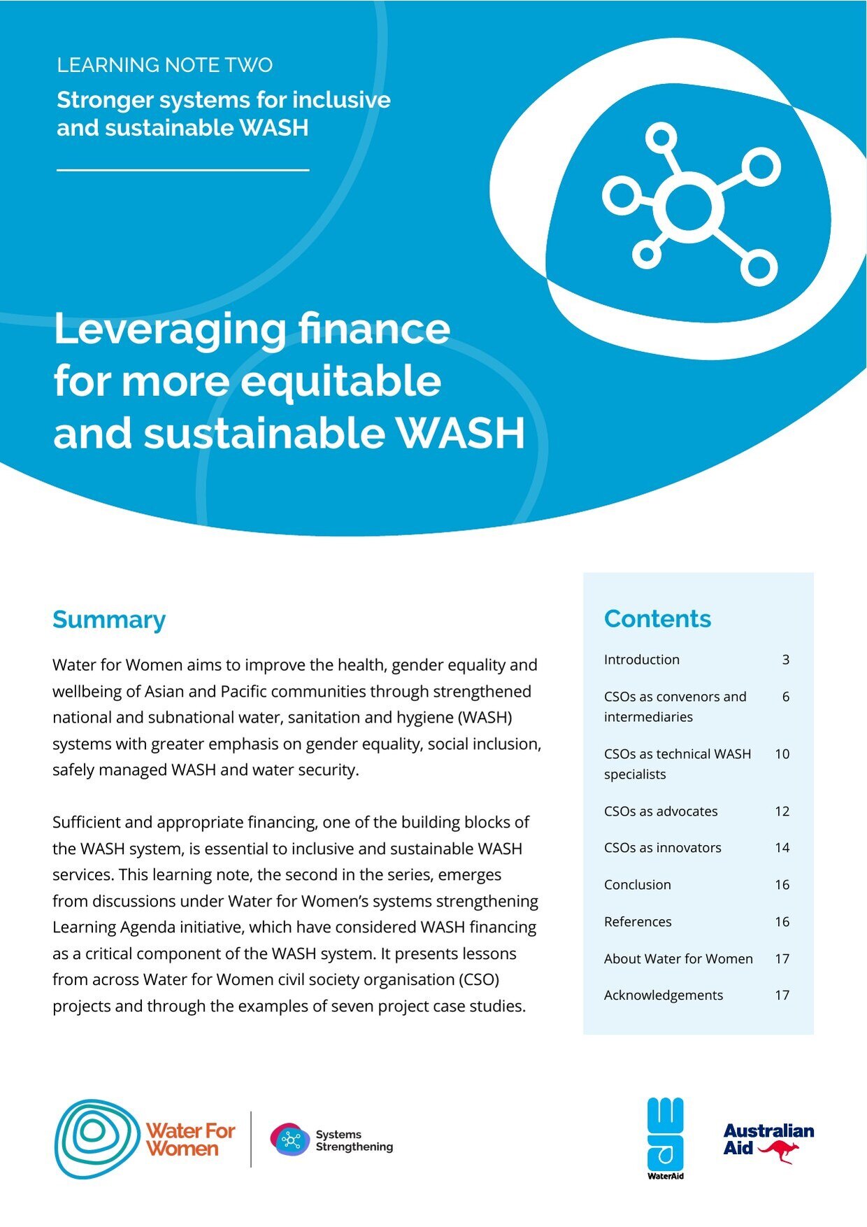 Cover of Water for Women Learning Note Two, 'Stronger systems for inclusive and sustainable WASH: leveraging finance for more equitable and sustainable WASH'.