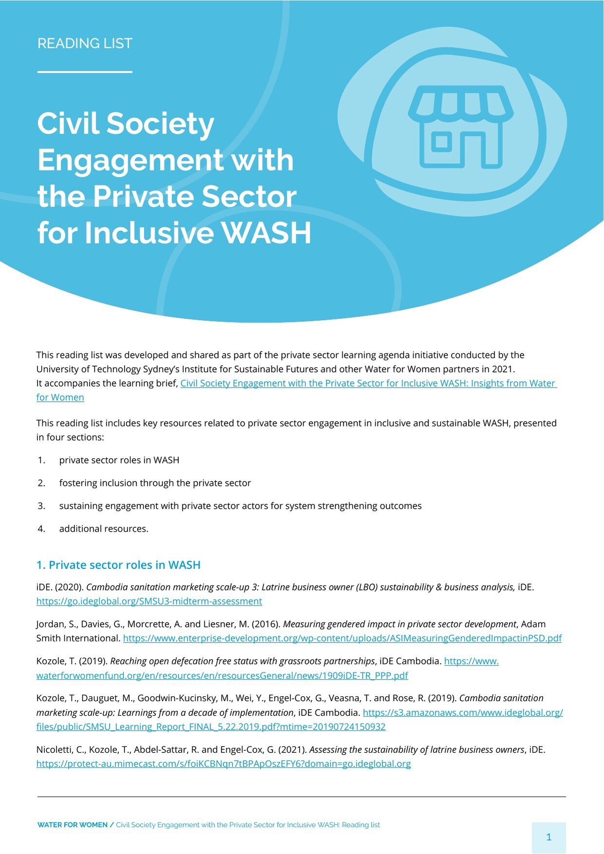 Cover of the Water for Women reading list accompanying 'Civil Society Engagement with the Private Sector for Inclusive WASH'.