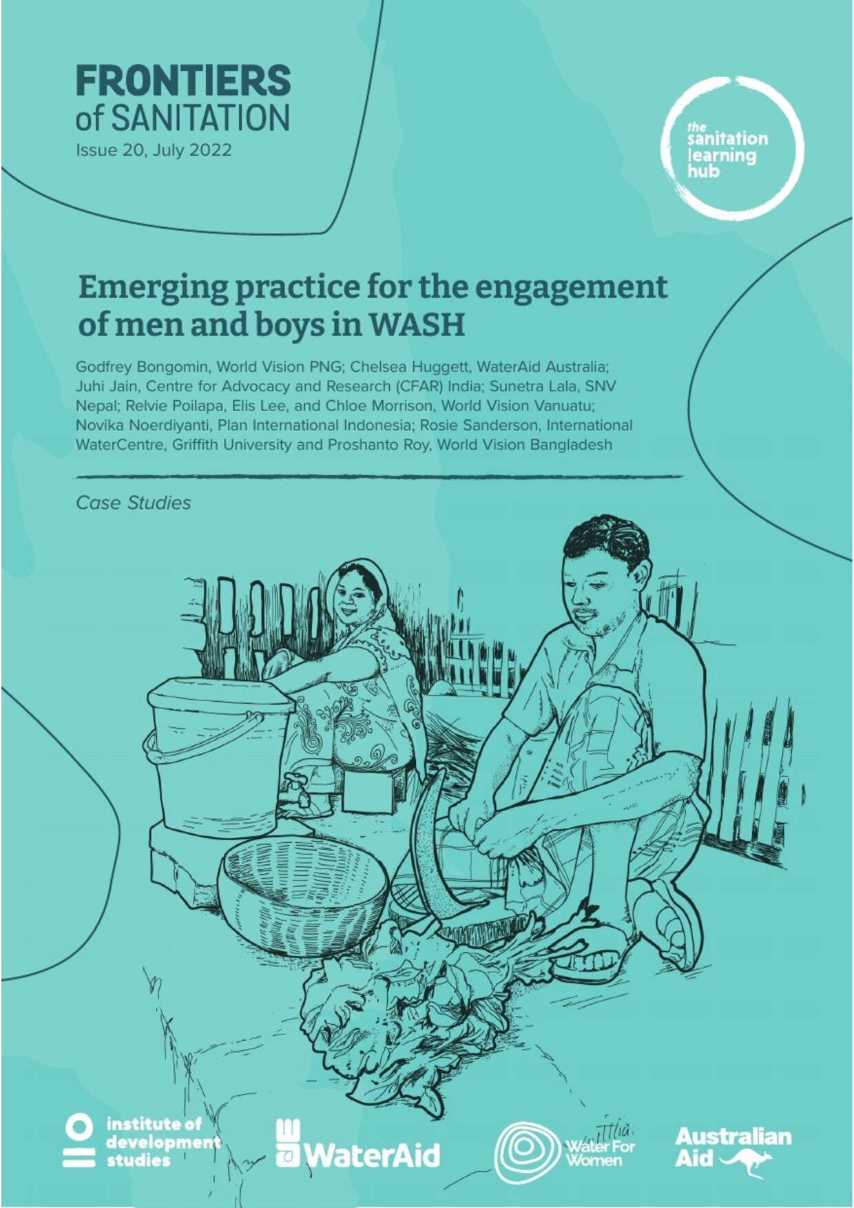 Cover of Frontiers of Sanitation issue 20, 'Emerging practice for the engagement of men and boys in WASH: Case Studies'.