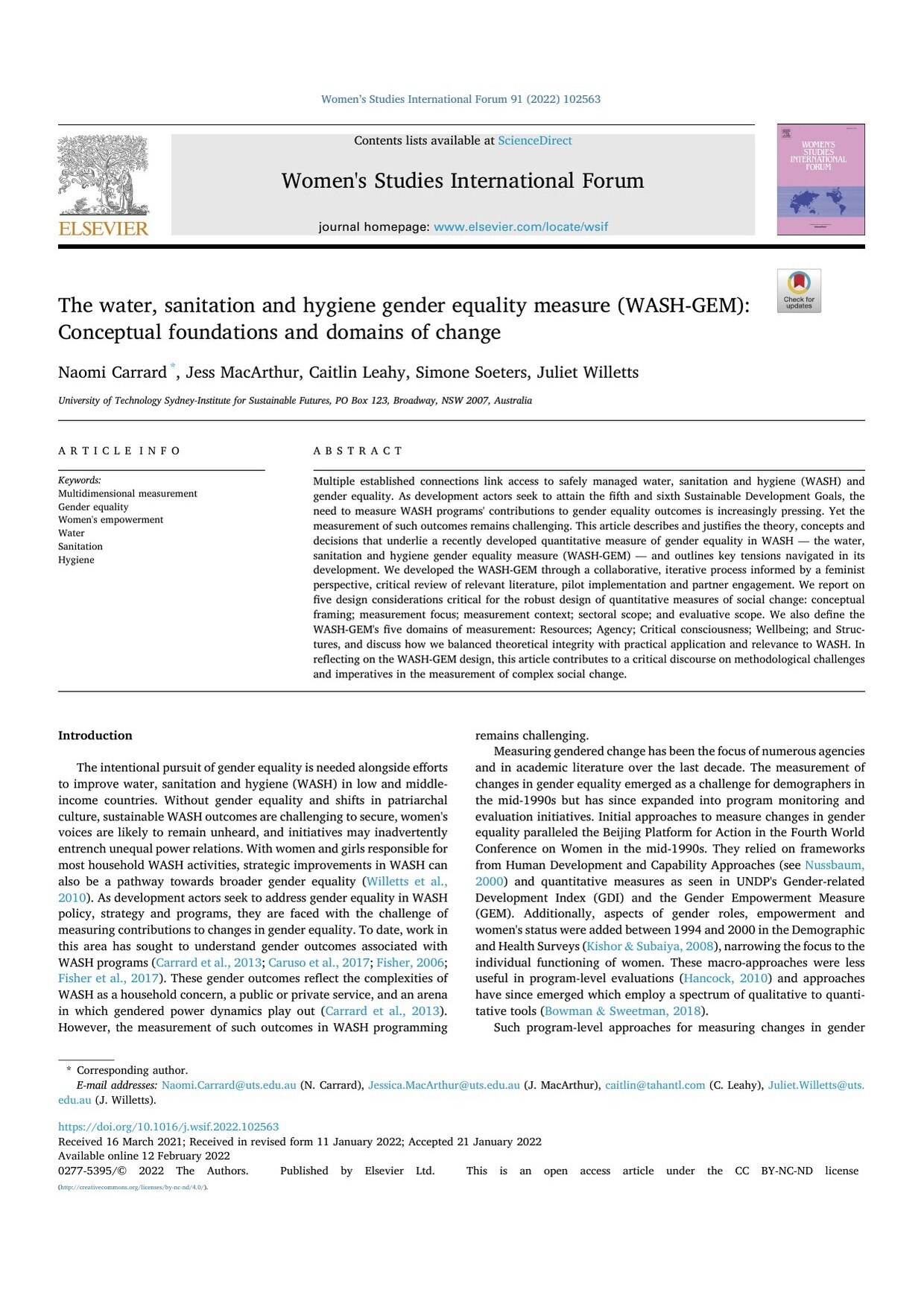First page of the journal article 'The water, sanitation and hygiene gender equality measure (WASH-GEM): Conceptual foundations and domains of change'.