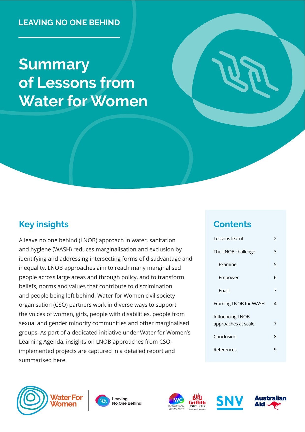 Cover of the Water for Women publication 'Leaving No One Behind: Summary of Lessons from Water for Women'.