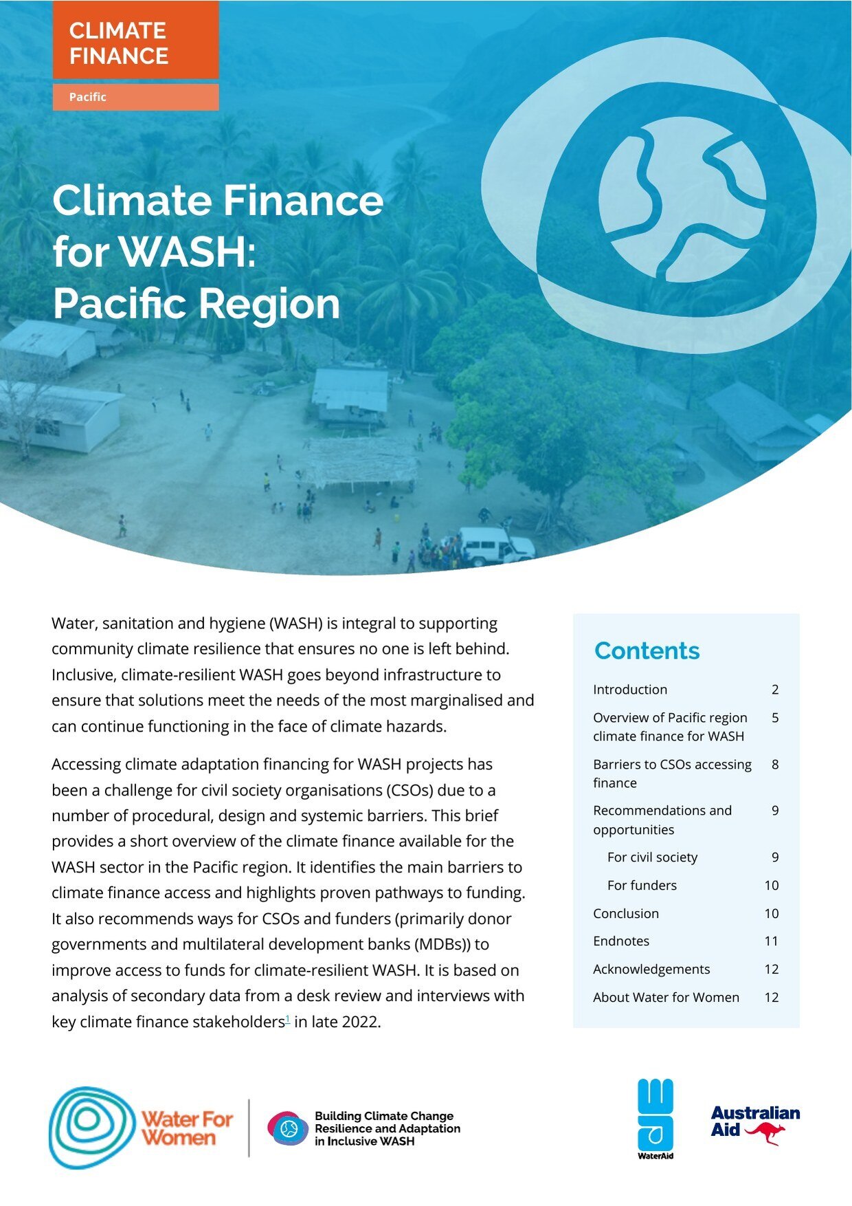 Cover of the Water for Women brief 'Climate Finance for WASH: Pacific Region'.