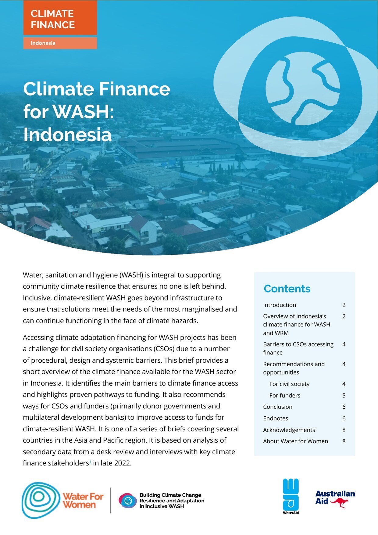Cover of the Water for Women brief 'Climate Finance for WASH: Indonesia'.