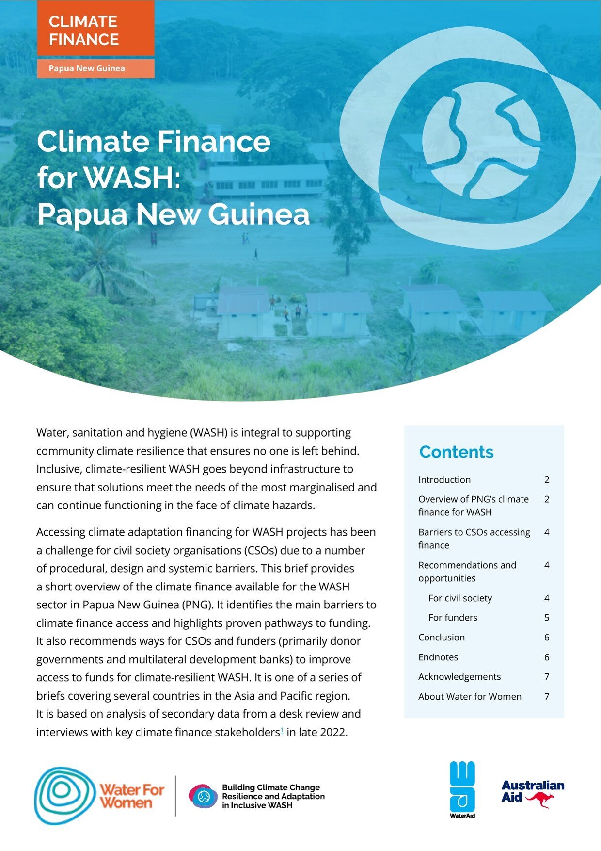 Cover of the Water for Women brief 'Climate Finance for WASH: Papua New Guinea'.
