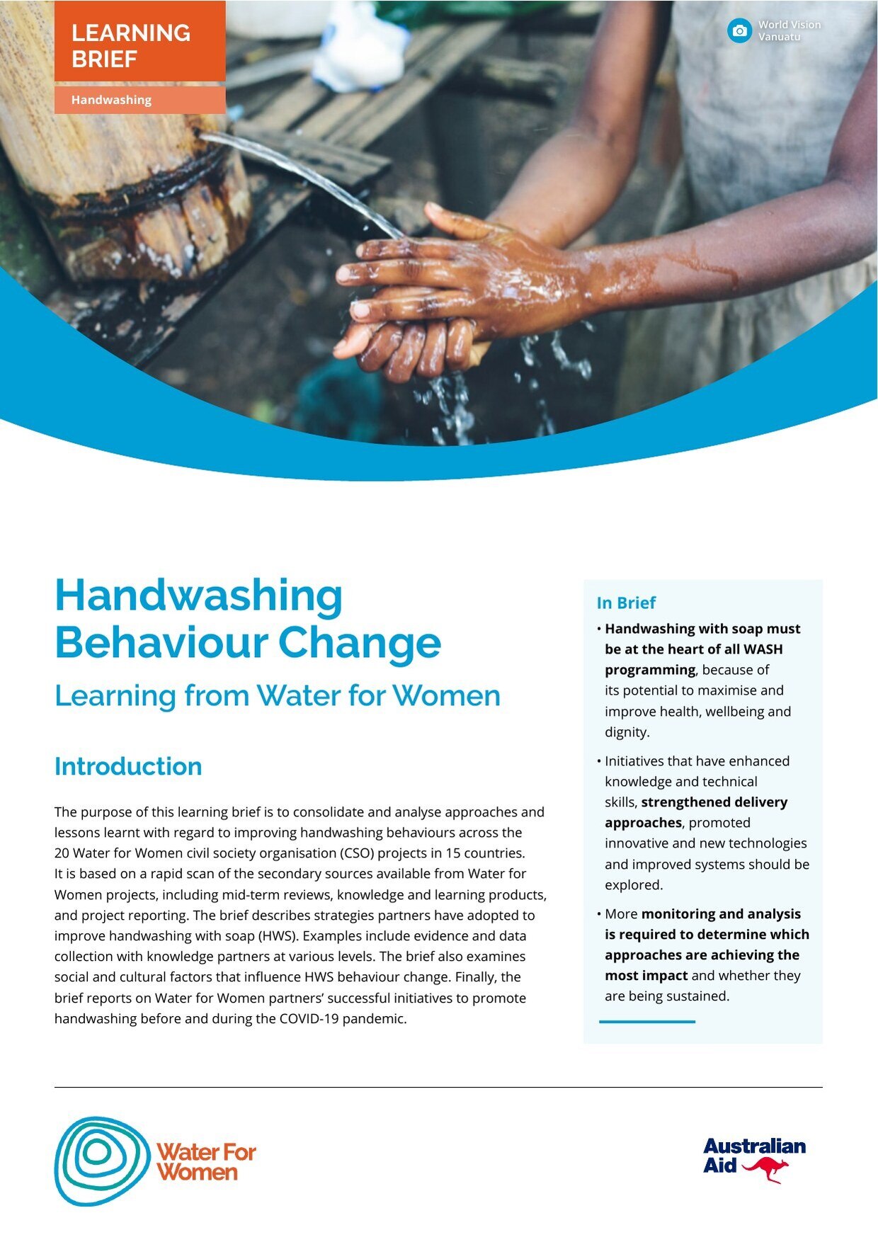 Cover of the Water for Women learning brief 'Handwashing Behaviour Change: Learning from Water for Women'.