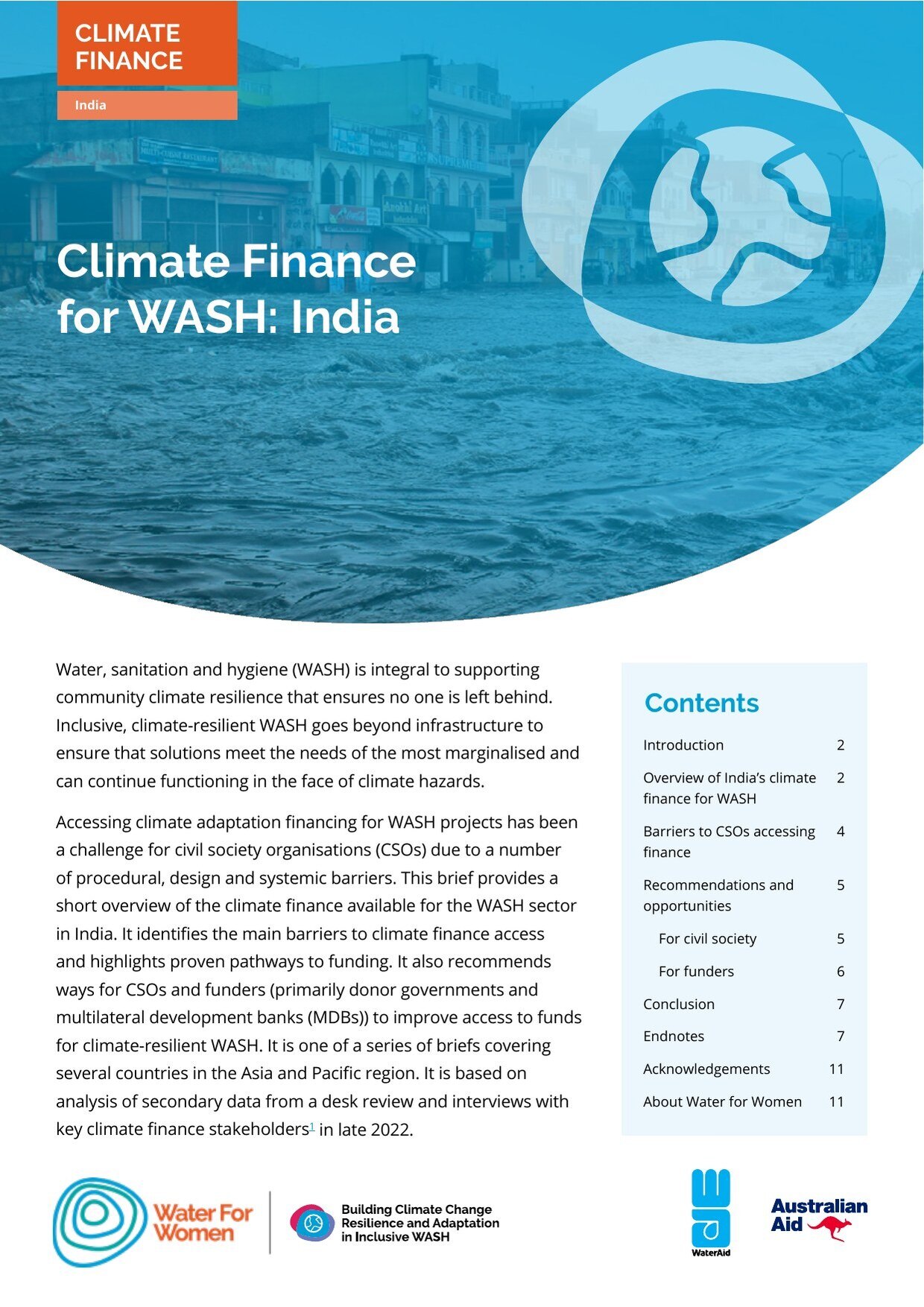 Cover of the Water for Women brief 'Climate Finance for WASH: India'.