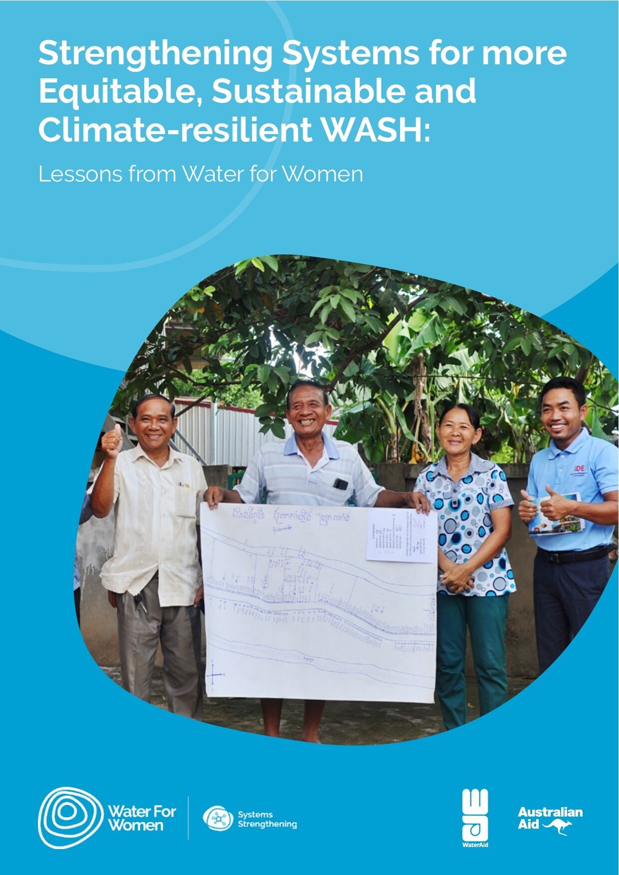Cover of the Water for Women learning brief 'Strengthening Systems for more Equitable, Sustainable and Climate-resilient WASH: Lessons from Water for Women'.