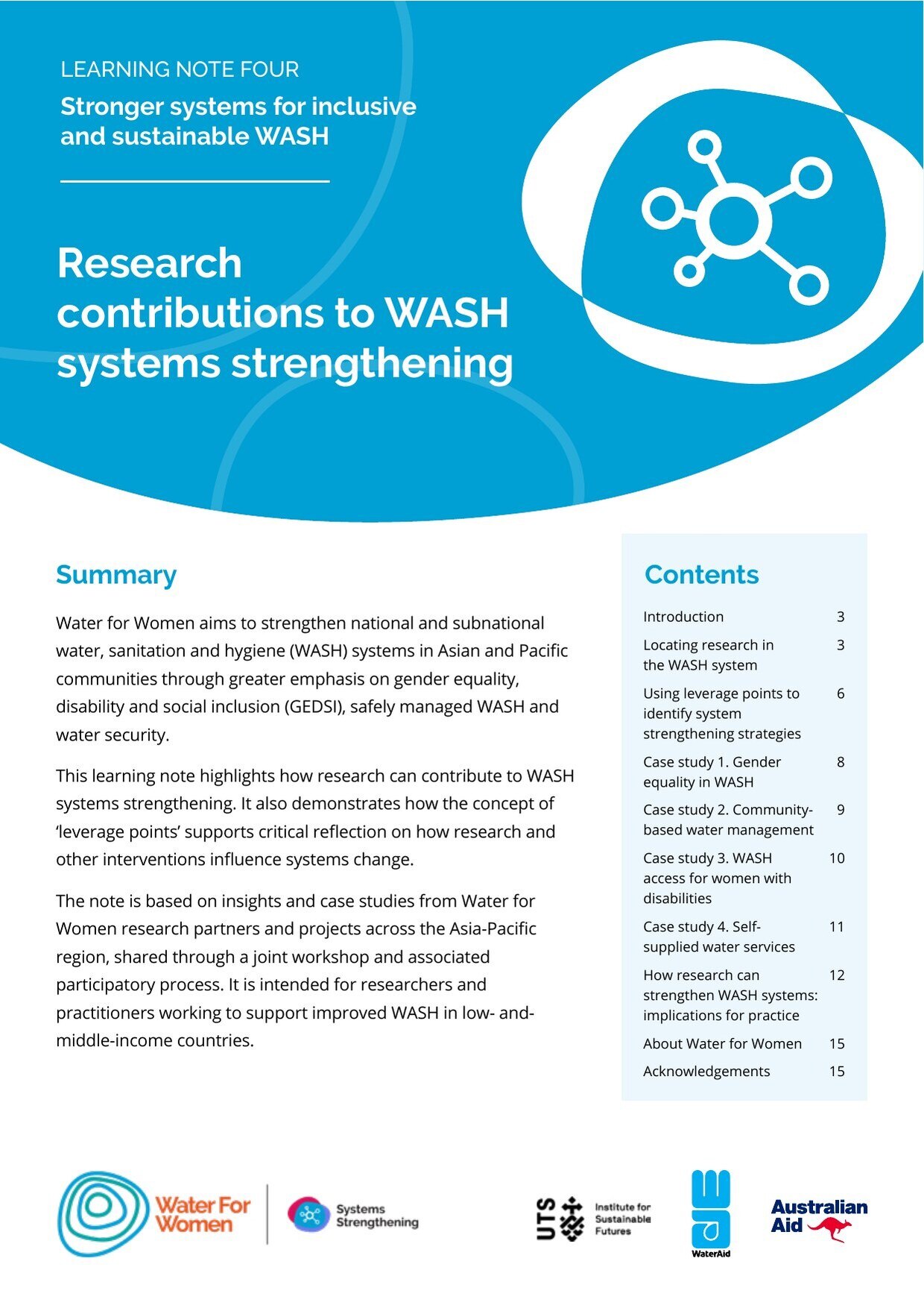 Cover of Water for Women Learning Note Four, 'Stronger systems for inclusive and sustainable WASH: research contributions to WASH systems strengthening'.