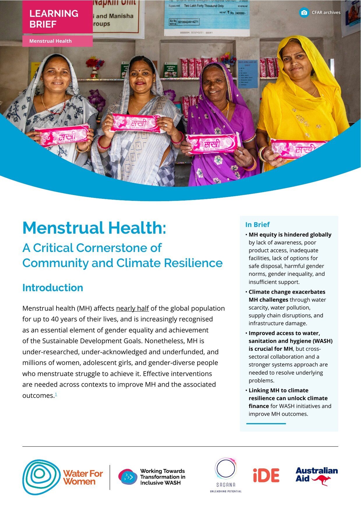 Cover of the Water for Women learning brief 'Menstrual Health: A Critical Cornerstone of Community and Climate Resilience'.