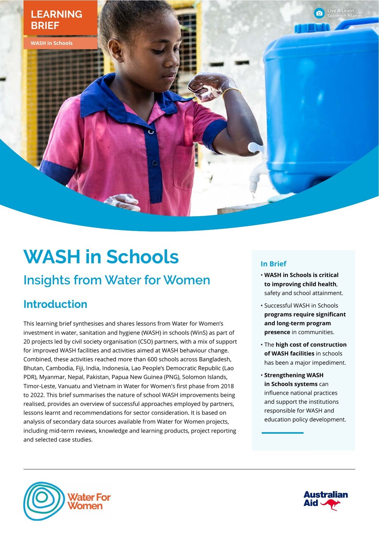 Cover of the Water for Women learning brief 'WASH in Schools: Insights from Water for Women'.