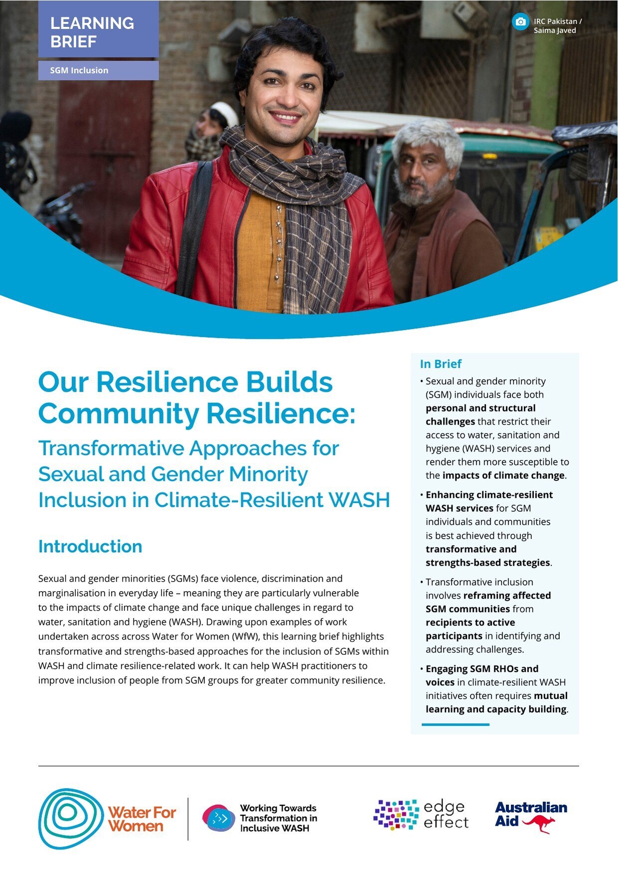 Cover of the Water for Women learning brief 'Our Resilience Builds Community Resilience: Transformative Approaches for Sexual and Gender Minority Inclusion in Climate-Resilient WASH'.