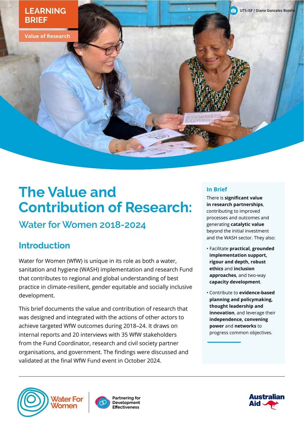 Cover of the Water for Women learning brief 'The Value and Contribution of Research: Water for Women 2018-2024'.