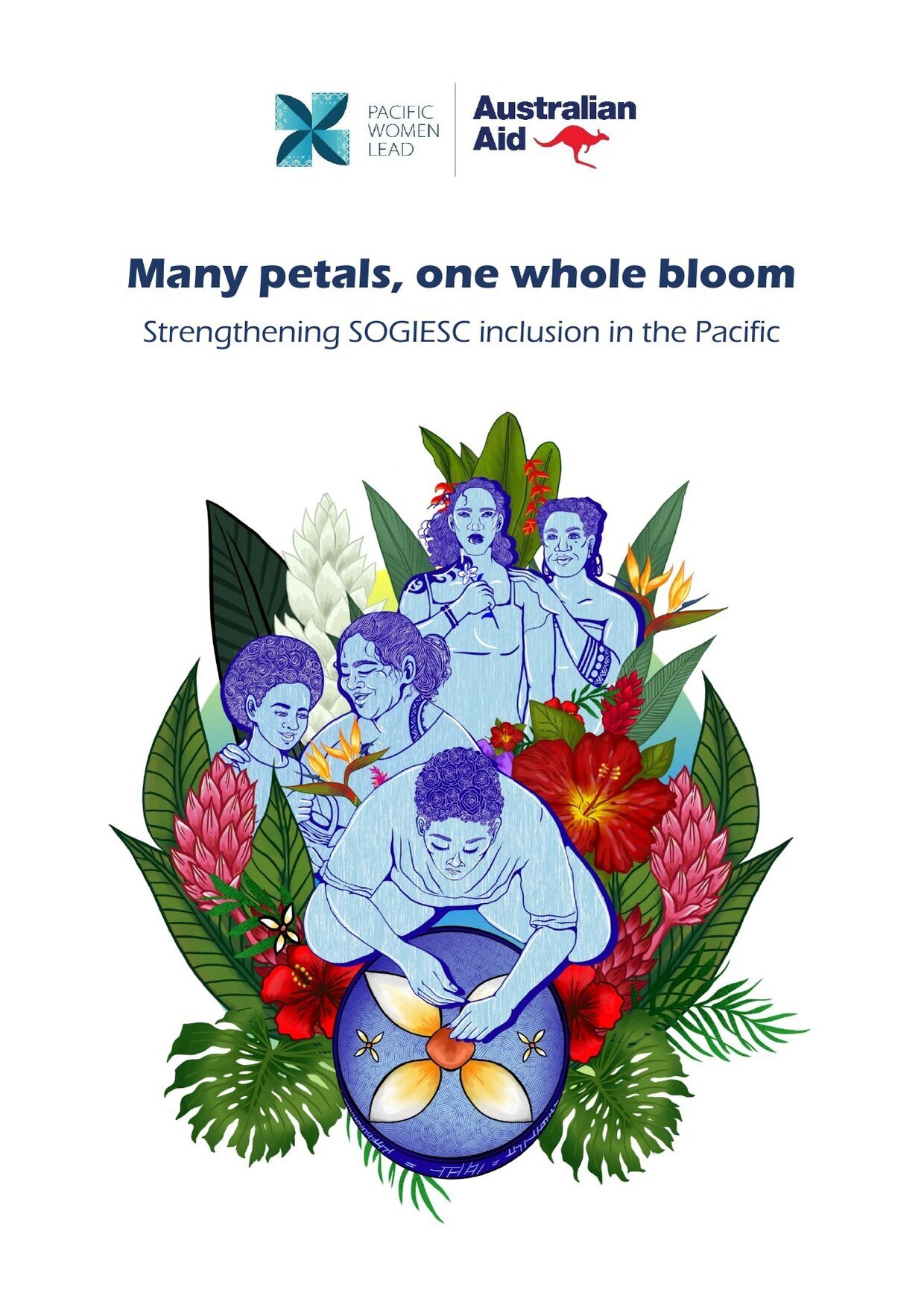 Cover of the Pacific Women Lead guidance note 'Many petals, one whole bloom: Strengthening SOGIESC inclusion in the Pacific', featuring illustrated ginger flowers.