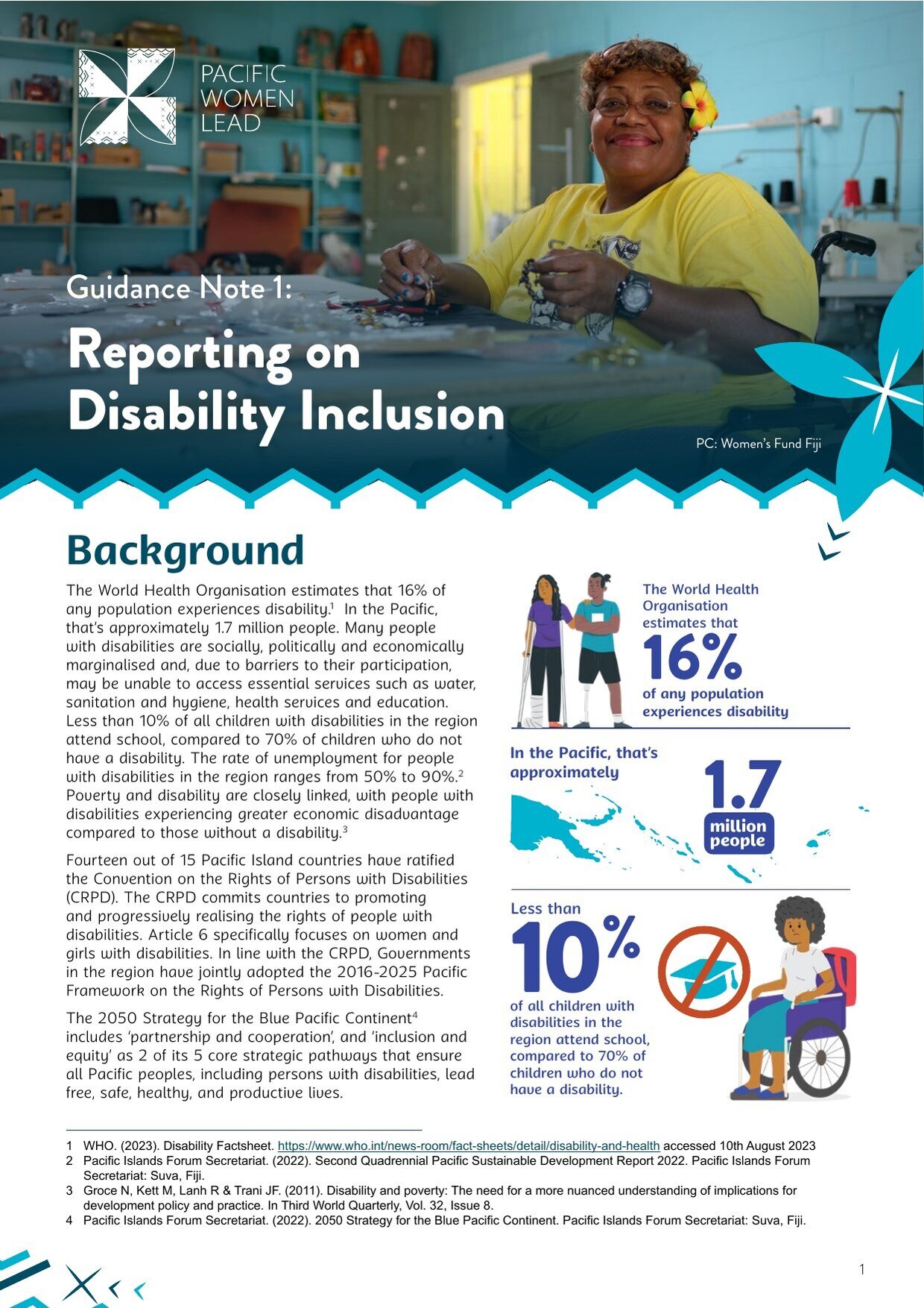 Cover of the Pacific Women Lead publication 'Guidance Note 1: Reporting on Disability Inclusion'.