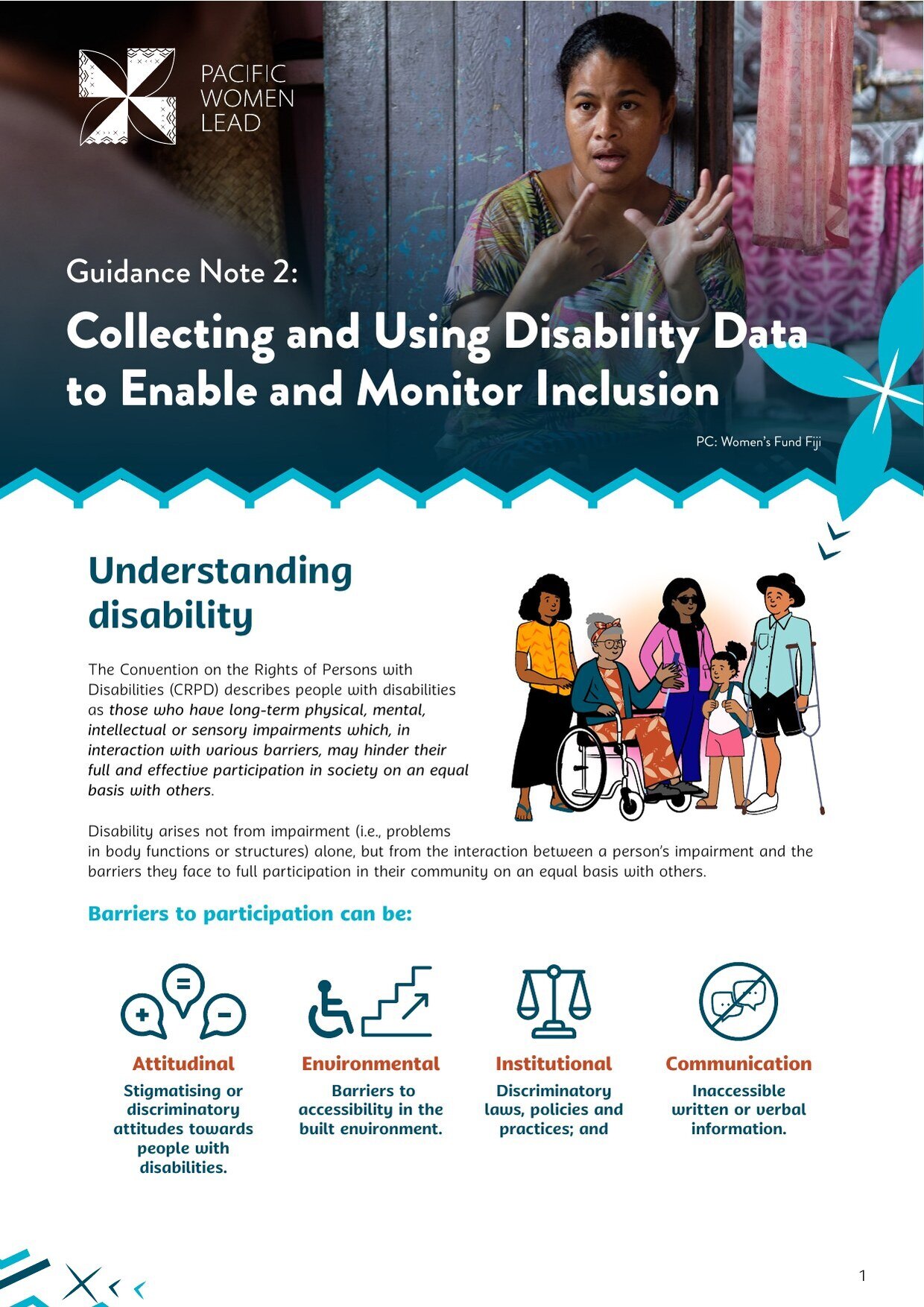Cover of the Pacific Women Lead publication 'Guidance Note 2: Collecting and Using Disability Data to Enable and Monitor Inclusion'.