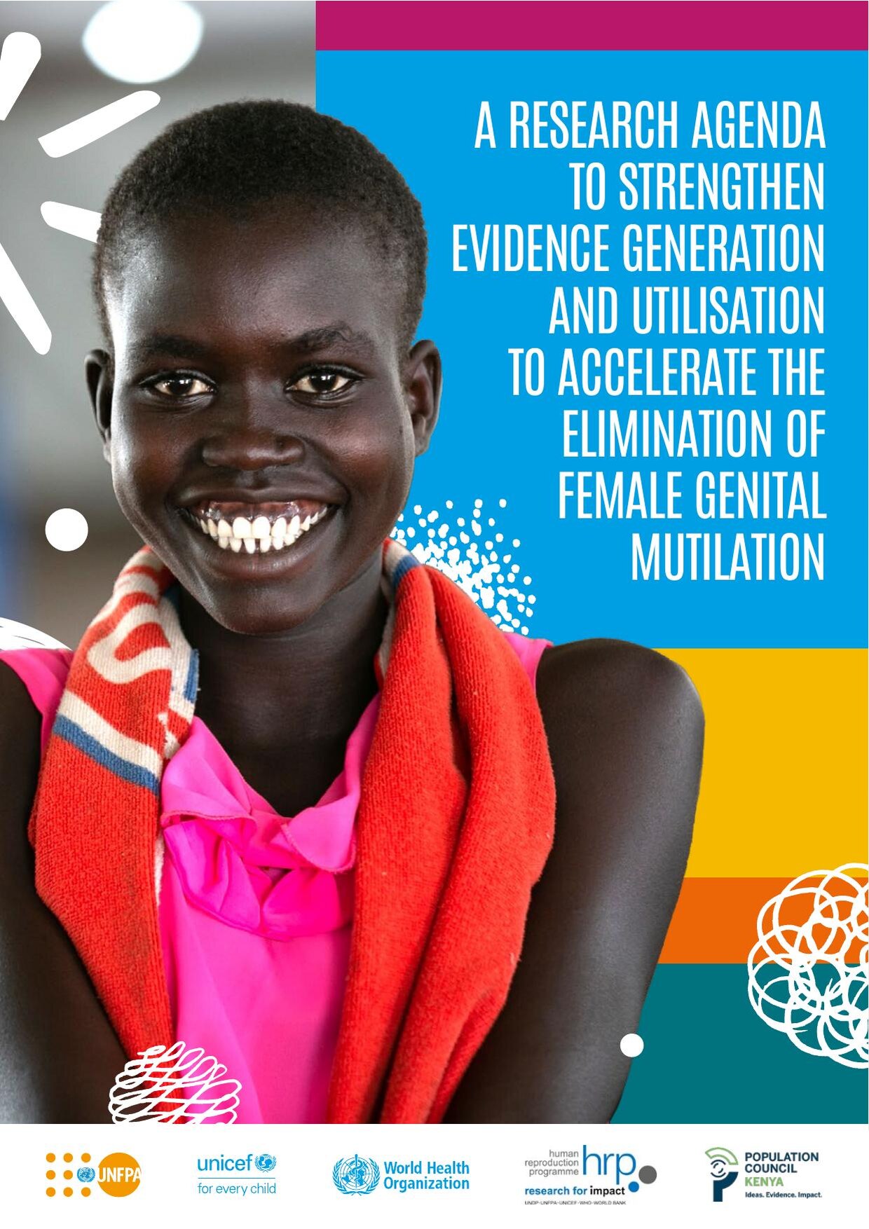 Cover of 'A research agenda to strengthen evidence generation and utilisation to accelerate the elimination of female genital mutilation', showing a smiling young woman in a pink top and orange scarf beside the title in white capitals on a blue panel.