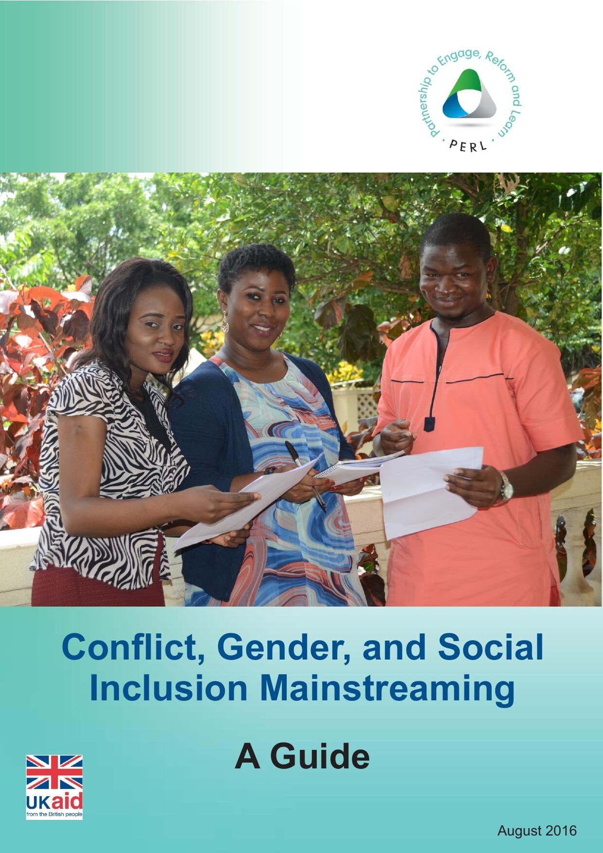 Cover of 'Conflict, Gender, and Social Inclusion Mainstreaming: A Guide', August 2016, with white title text on a teal-to-green background and the PERL and UK aid logos.