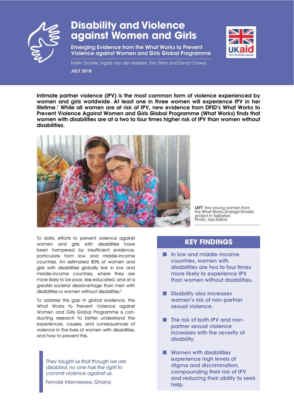 Cover of the What Works evidence brief 'Disability and Violence against Women and Girls', showing two young women from the Shosta project in Tajikistan embracing, with key findings listed alongside.