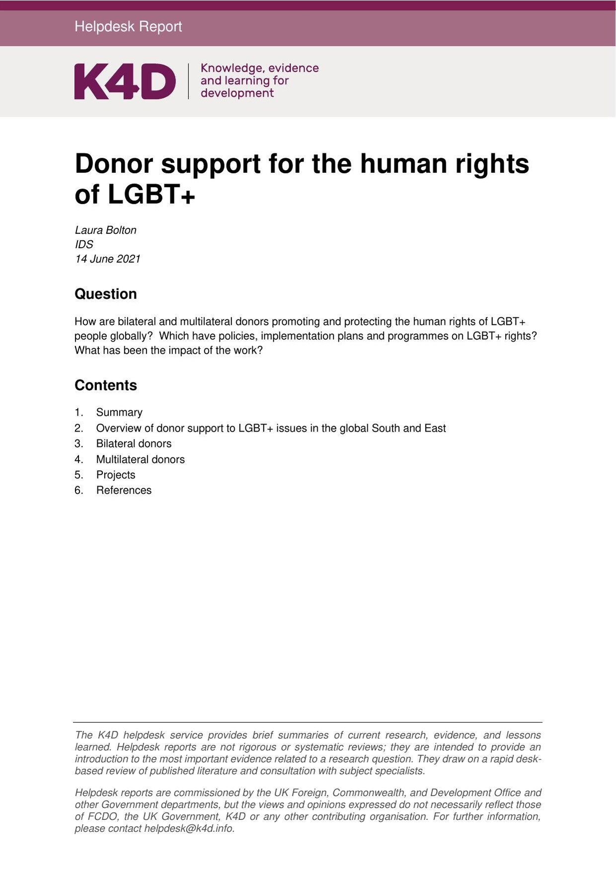 Cover of the K4D helpdesk report 'Donor support for the human rights of LGBT+' by Laura Bolton, with a magenta header bar, the research question and a contents list.