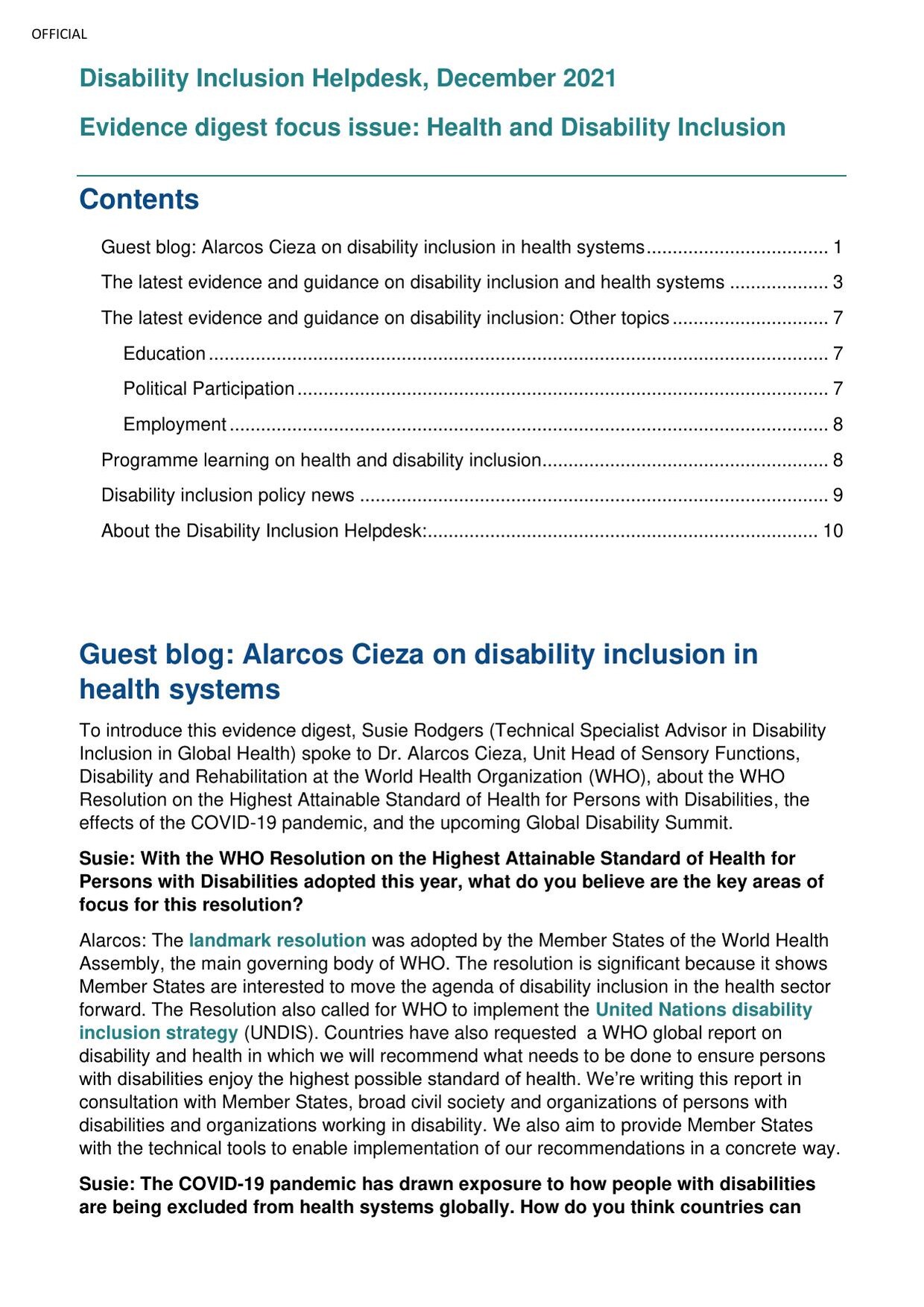First page of the Disability Inclusion Helpdesk evidence digest 'Focus issue: health and disability inclusion', December 2021, showing the contents list and the opening of a guest blog with Alarcos Cieza of the World Health Organization.