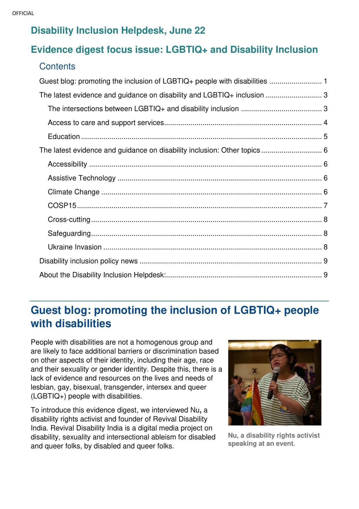 First page of the Disability Inclusion Helpdesk evidence digest 'Focus issue: LGBTIQ+ and disability inclusion', June 2022, showing the contents list and a guest blog with a photograph of a disability rights activist speaking at an event.
